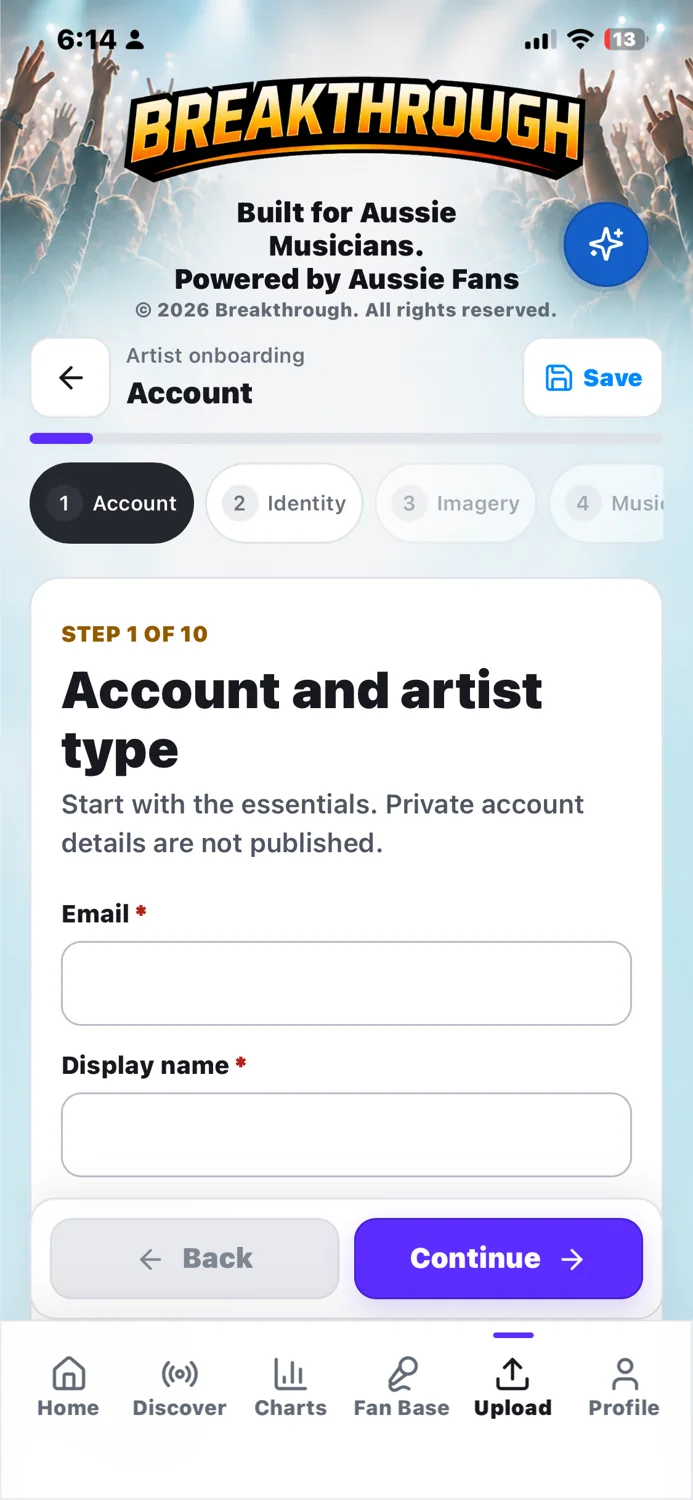 Breakthrough artist onboarding flow