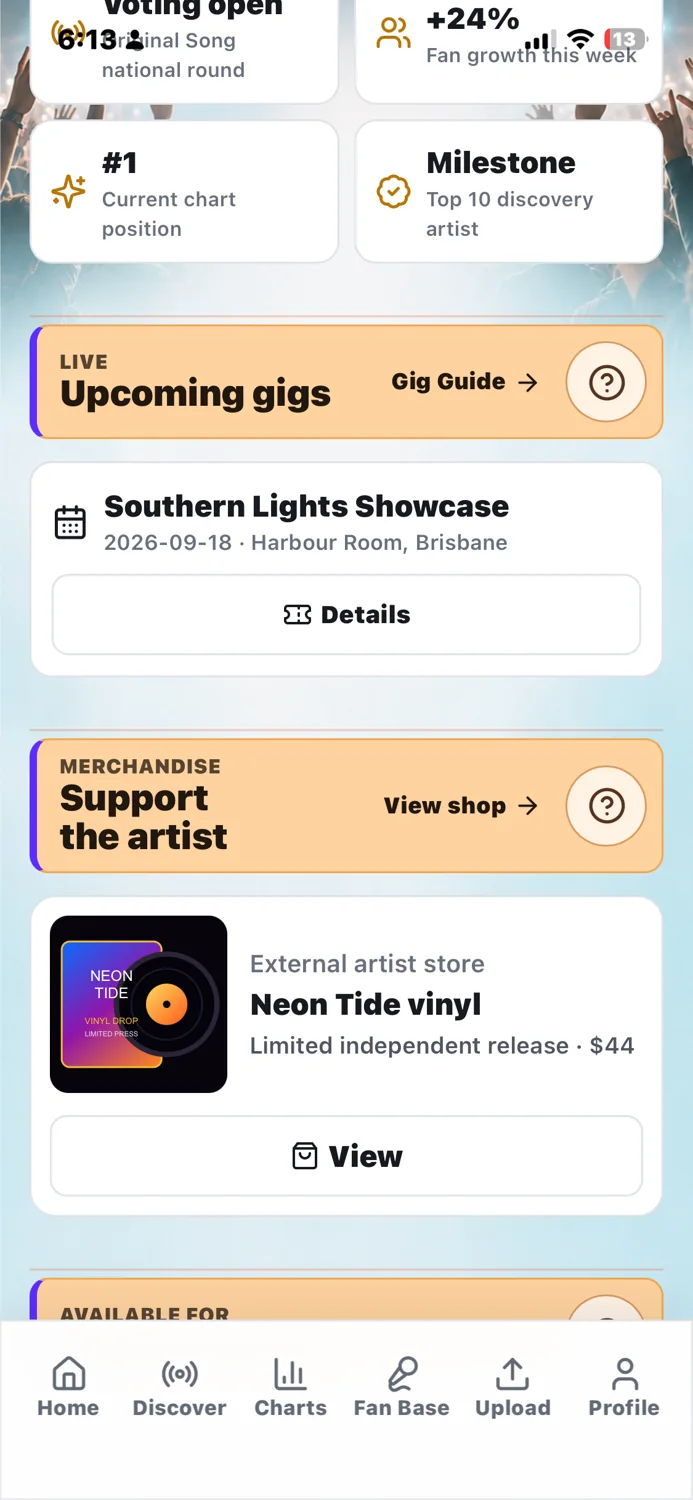 Artist opportunities including gigs and merchandise