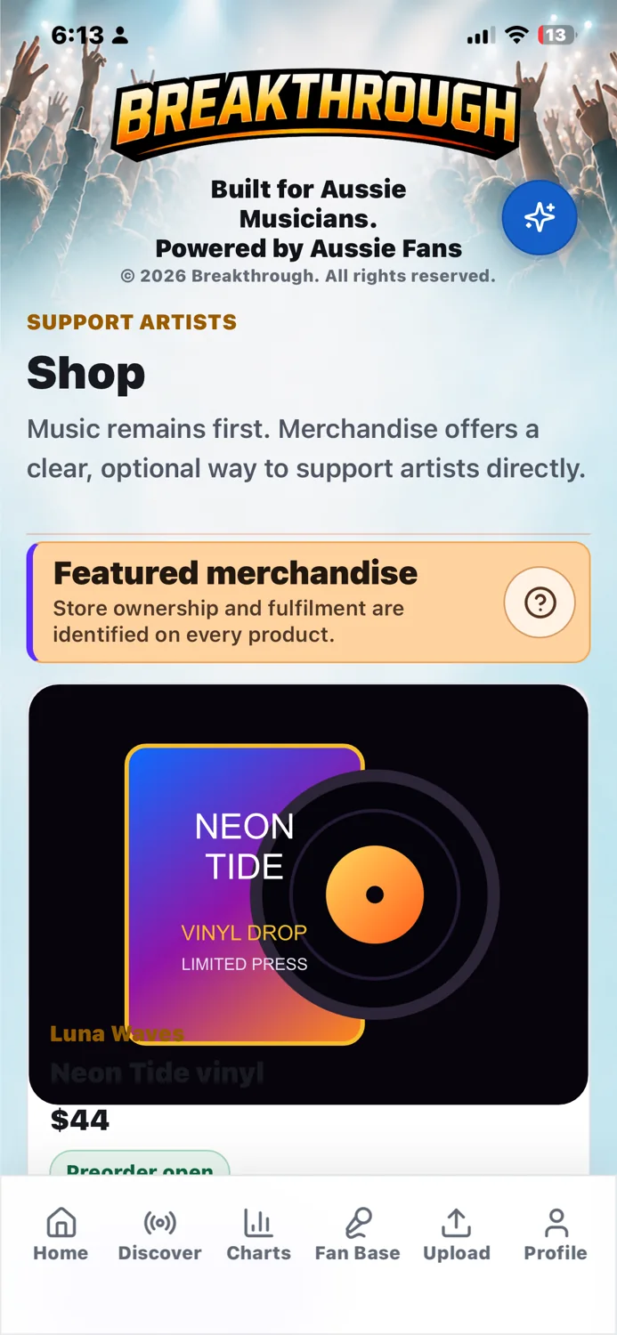 Breakthrough artist merchandise screen